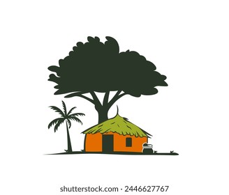 Vektorillustration eines Zeichentrickhauses im Wald in Baumnähe