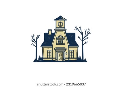 Vector illustration of a cartoon house with trees on the sides.