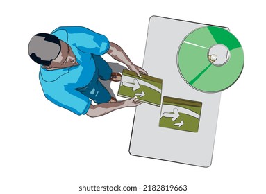 a vector illustration, a cartoon human character with a book , on white background ( top view )