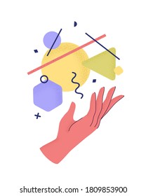 Vector illustration of cartoon human hands holding abstract geometric elements with trendy grain textured shadow. Concept of idea, solution, research, cooperation, business. Isolated background