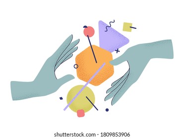 Vector illustration of cartoon human hands holding abstract geometric elements with trendy grain textured shadow. Concept of idea, solution, research, cooperation, business. Isolated background