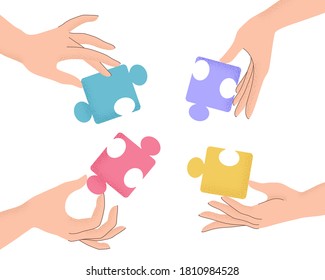 Vector illustration of cartoon human hands holding puzzle pieces with trendy grain textured shadow. Concept of teamwork, research, cooperation, business. Arms connecting elements of jigsaw isolated