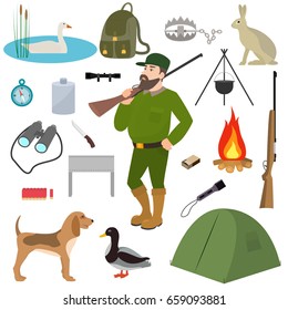 Vector illustration of a cartoon hunter, set hunting equipment and wildfowl. Isolated on white background. Flat style. Animals for hunting, ammunition and accessories.