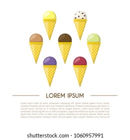 Vector illustration with cartoon ice cream balls in cones. Cartoon ice crean flavours. Summer sweet dessert. Set of ice cream flavours. Vector cartoon background. Fruits sweet balls