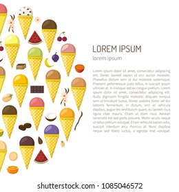 Vector illustration with cartoon ice cream balls in cones. Cartoon ice crean flavours. Summer sweet dessert. Big collection ice cream flavours. Vector cartoon background. Fruits sweet balls