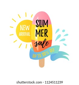 Vector illustration, cartoon ice cream with Summer sale text. New arrival sale banner. Up to 30% off lettering..