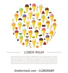 Vector illustration with cartoon ice cream balls in cones. Cartoon ice crean flavours. Summer sweet dessert. Big collection ice cream flavours. Vector cartoon background. Fruits sweet balls