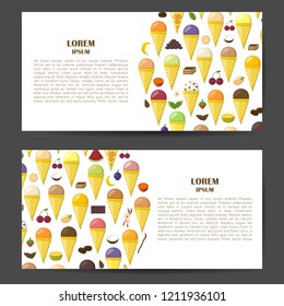 Vector illustration with cartoon ice cream balls in cones. Cartoon ice crean flavours. Summer sweet dessert. Big collection ice cream flavours. Vector cartoon background. Fruits sweet balls