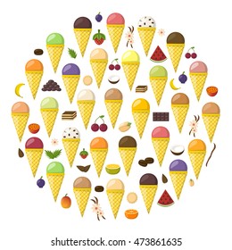 Vector illustration with cartoon ice cream balls in cones. Cartoon ice cream flavours. Summer sweet dessert. Big collection ice cream flavours. Vector cartoon background. Fruits sweet balls