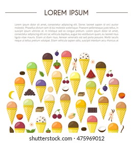 Vector illustration with cartoon ice cream balls in cones. Cartoon ice cream flavours. Summer sweet dessert. Big collection ice cream flavours. Vector cartoon background. Fruits sweet balls