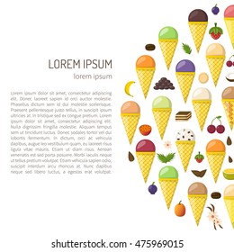 Vector illustration with cartoon ice cream balls in cones. Cartoon ice cream flavours. Summer sweet dessert. Big collection ice cream flavours. Vector cartoon background. Fruits sweet balls