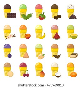 Vector illustration with cartoon ice cream balls in cones. Cartoon ice cream flavours. Summer sweet dessert. Big collection ice cream flavours. Vector cartoon icons. Fruits sweet balls