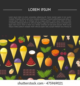 Vector illustration with cartoon ice cream balls in cones. Cartoon ice cream flavours. Summer sweet dessert. Big collection ice cream flavours. Vector cartoon background. Fruits sweet balls