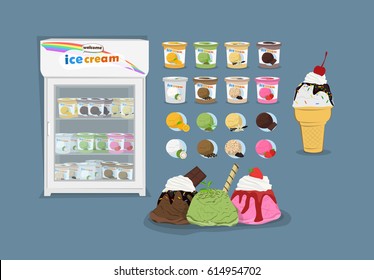 Vector Illustration Cartoon Ice cream set a variety of flavors many forms made of nature nice to eat be palatable ready to product and refrigerator freezer.