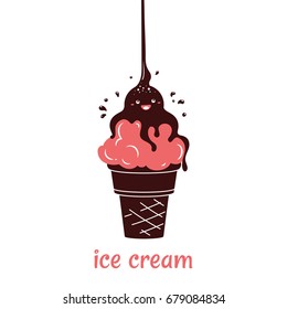 Vector illustration of cartoon ice cream cone pour chocolate.