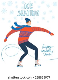 Vector illustration with cartoon ice skater with isolated objects and text