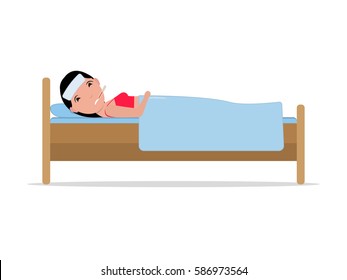 Vector illustration cartoon ill woman lying in bed with influenza. Isolated white background. Girl patient with a thermometer sick flu. Flat design. Side view, profile. Female fever, temperature.