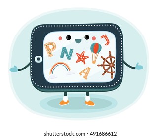 Vector illustration cartoon image of a black smart phone or tablet with a blue screen with childish elements, with arms and legs Positive character. Tablet for kids