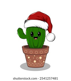 Vector illustration with cartoon image of cactus in a pot wearing a Christmas hat.