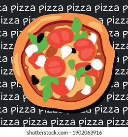 Vector illustration of a cartoon image of a pizza with tomatoes, mushrooms, cheese and basil on a black background with the inscription "pizza" in white color