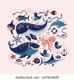 Vector illustration of cartoon inhabitants of the sea with sailors items configured in square. 