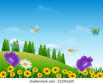 Vector illustration of Cartoon insects in the garden