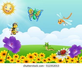 Vector illustration of Cartoon insects in the garden