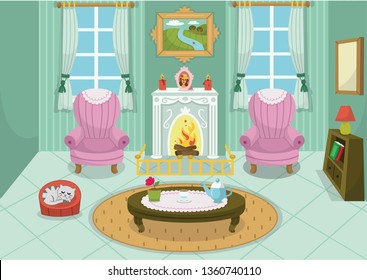 Vector illustration of a cartoon interior with fireplace, a pet, furniture and windows. Domestic room design with burning fire in furnace, hot drinks on a table. Vector illustration.