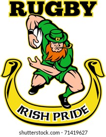 vector illustration of a cartoon Irish leprechaun rugby player running with ball wearing hat isolated on white background with scroll and words "Irish Pride rugby