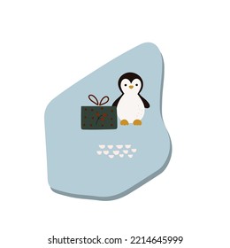 Vector illustration of a cartoon island with a penguin and Christmas present on it