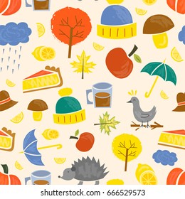 Vector illustration with cartoon isolated autumn icons. Pumpkin, leaves, rain, umbrella, pumpkin pie, tree, lemon tea. Fall season autumn objects. Cartoon background