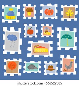 Vector illustration with cartoon isolated autumn icons. Pumpkin, leaves, rain, umbrella, pumpkin pie, tree, lemon tea. Fall season autumn objects. Cartoon background