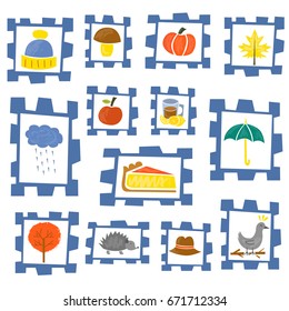 Vector illustration with cartoon isolated autumn icons. Pumpkin, leaves, rain, umbrella, pumpkin pie, tree, lemon tea. Fall season autumn objects. Cartoon icons on white background