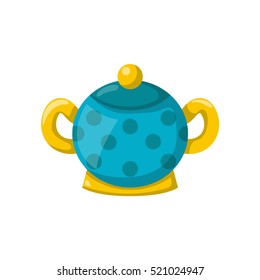 Vector illustration with cartoon isolated blue cute sugar bowl. Kitchen culinary or cooking ingredient. Sugar bowl for tea time or cooking design. Vector icon isolated on white background