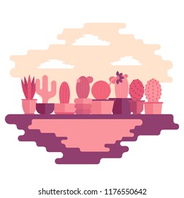 Vector illustration with cartoon isolated cactus icon. house plant in flowerpot, home interior background. Desert mexican succulent. Home flowers cartoon indoor object on white background