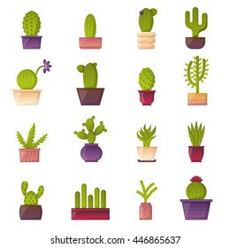 Vector illustration with cartoon isolated cactus icon. Vector house plant in flowerpot, home interior design. Desert mexican green succulent. Home flowers cartoon indoor objects. Travel to Mexico icon