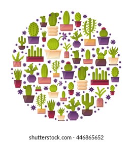 Vector illustration with cartoon isolated cactus icon. Vector house plant in flowerpot, home interior background. Desert mexican succulent. Home flowers cartoon indoor objects. Travel to Mexico icon