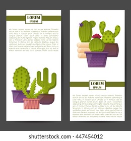 Vector illustration with cartoon isolated cactus cards. Vector house plant in flowerpot, home interior background. Desert mexican succulent. Home flowers cartoon indoor objects. Travel to Mexico icon