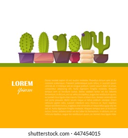 Vector illustration with cartoon isolated cactus card. Vector house plant in flowerpot, home interior background. Desert mexican succulent. Home flowers cartoon indoor objects. Travel to Mexico icon