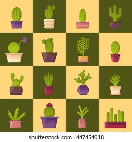 Vector illustration with cartoon isolated cactus icon. Vector house plant in flowerpot, home interior design. Desert mexican green succulent. Home flowers cartoon indoor objects. Travel to Mexico icon