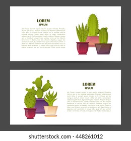 Vector illustration with cartoon isolated cactus cards. Vector house plant in flowerpot, home interior background. Desert mexican succulent. Home flowers cartoon indoor objects. Travel to Mexico icon