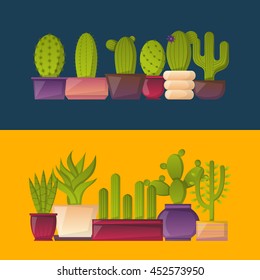 Vector illustration with cartoon isolated cactus icons. Vector house plant in flowerpot, home interior background. Desert mexican succulent. Home flowers cartoon indoor objects. Travel to Mexico icon