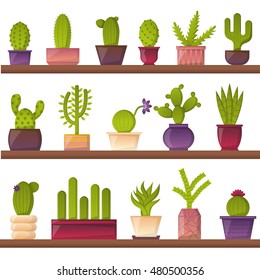 Vector illustration with cartoon isolated cactus icons. Vector house plant in flowerpot, home interior background. Desert mexican succulent. Home flowers cartoon indoor objects. Travel to Mexico icon