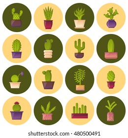 Vector illustration with cartoon isolated cactus icon. Vector house plant in flowerpot, home interior design. Desert mexican green succulent. Home flowers cartoon indoor objects. Travel to Mexico icon