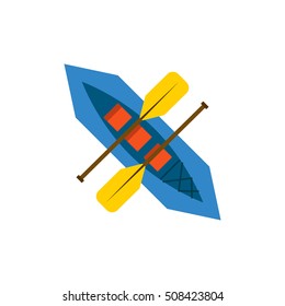 Vector illustration with cartoon isolated canoe and paddles. Rafting vector icon. Flat illustration with isolated kayak boat background. outdoor river water sport activity. Recreation rafting icon