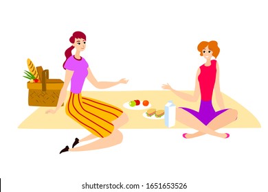 Vector illustration cartoon isolated  flat girls picnic eating sitting on picnic two female friends or lesbians couple having lunch isolated flat cartoon girls on picnic