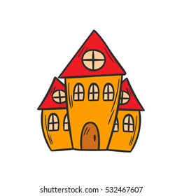 Vector illustration with cartoon isolated hand drawn royal fairytale castle. Cute fantasy icon, medieval princess tower building. Children book cover illustration. Isolated object on white background