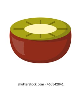 Vector illustration with cartoon isolated kiwi icon on white background. Exotic tropical fruit, source of vitamin. Illustration with fresh kiwi half. Healthy kiwi snack icon for dieting lifestyle