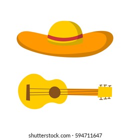 Vector illustration with cartoon isolated mexican hat and guitar. Travel to Mexico icons on white background. Yellow sombrero and traditional musical instrument. Latin America or Spain objects