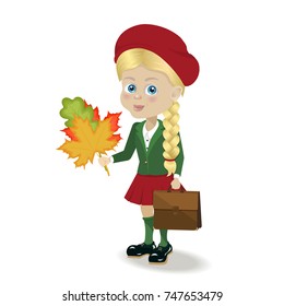 Vector illustration. Cartoon isolated on white background. Character schoolgirl with schoolbag and bouquet of autumn leaves.